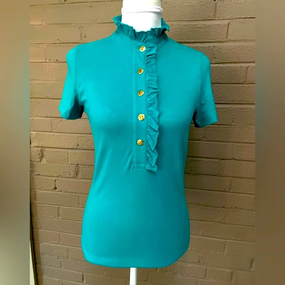Tory Burch  blue ruffled front top  S - Picture 3 of 13